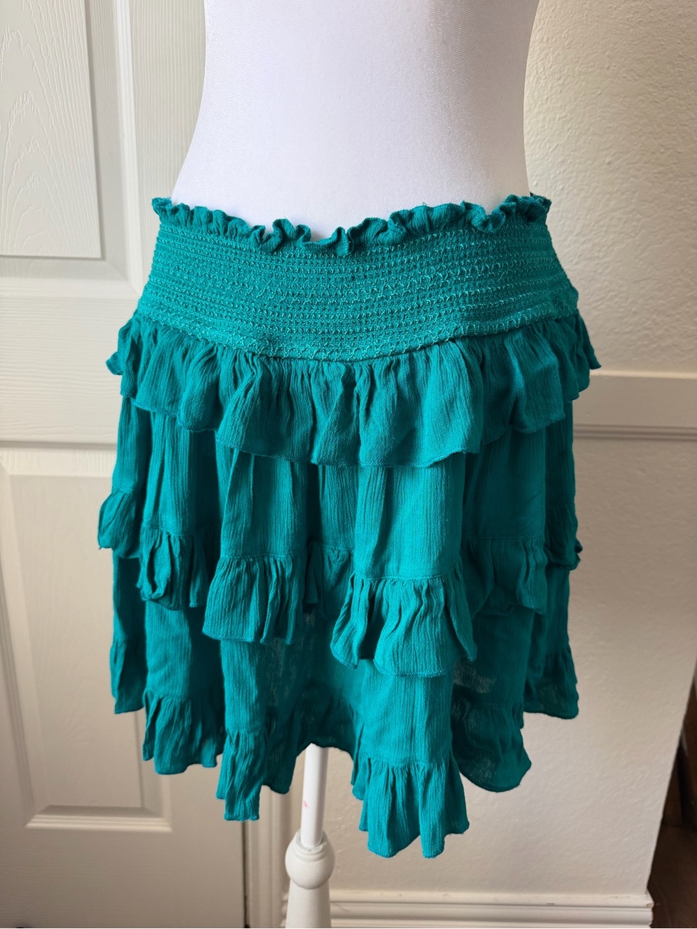 Free People Thalia Teal Ruffle Tiered Mini Skirt Smocked Waist Large